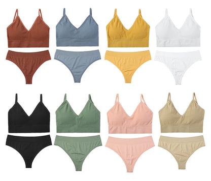 Seamless Bra Set for Women, Wire Free V-Neck Bralette with Low Waist Panties, Soft Cotton Sexy Lingerie Underwear Set