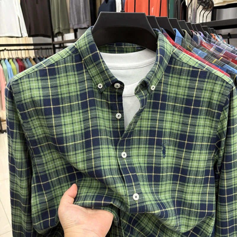 American-style Plaid Long-sleeve Shirt for Men, Pure Cotton Casual Trendy Brand Embroidered Red Shirt Top for Spring and Autumn