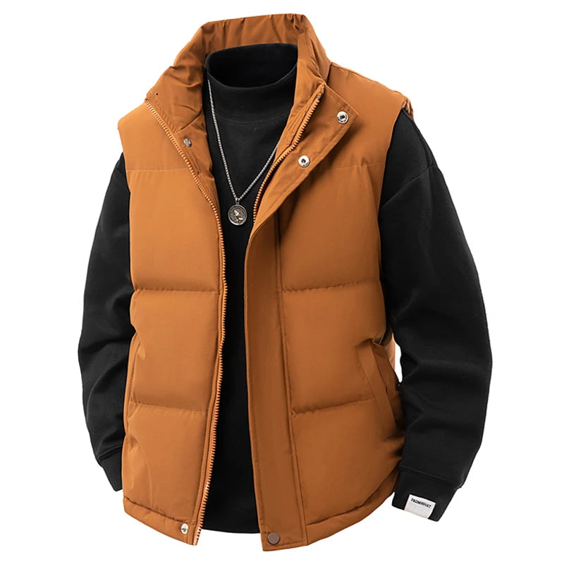 Puffer Vest Men Soild Casual Warm Winter Vest Jacket Windproof Thicken Waistcoat Sleeveless Korean Fashion Stand Collar Coats