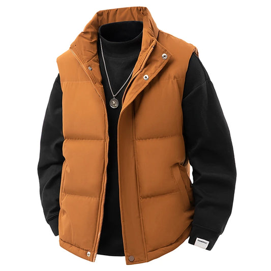 Puffer Vest Men Soild Casual Warm Winter Vest Jacket Windproof Thicken Waistcoat Sleeveless Korean Fashion Stand Collar Coats
