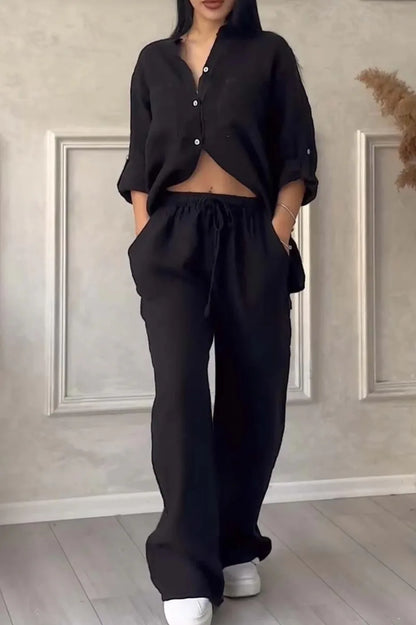 Women's  Color Long Sleeve Shirt And Wide Leg Pants Two-Piece Set Button-Up Tie Waist Long Pants Fashionable Ensemble