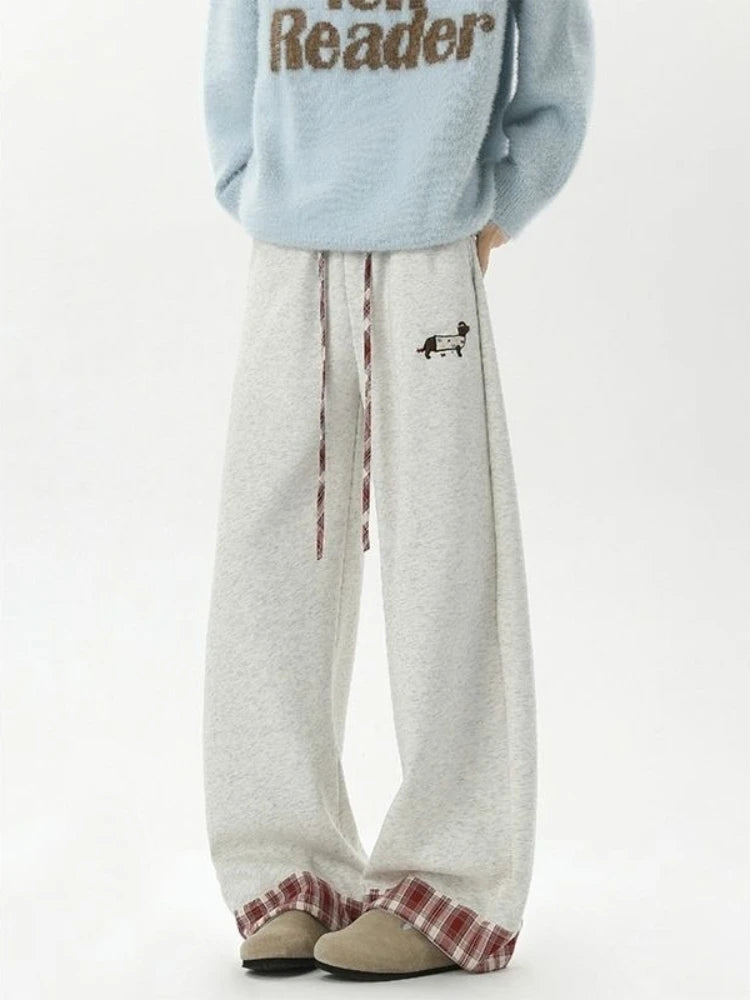 Trendy Plaid Cuffed Joggers for Men Women Thick Warm Fleece Lining Loose Straight Leg Casual Cotton Pants Comfy Daily Wear