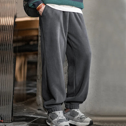 Maden Men's Casual Polar Fleece Cuffed Sweatpants Solid Color Elastic Waist Fleece-lined Pants Warm Sports Straight-leg Trousers