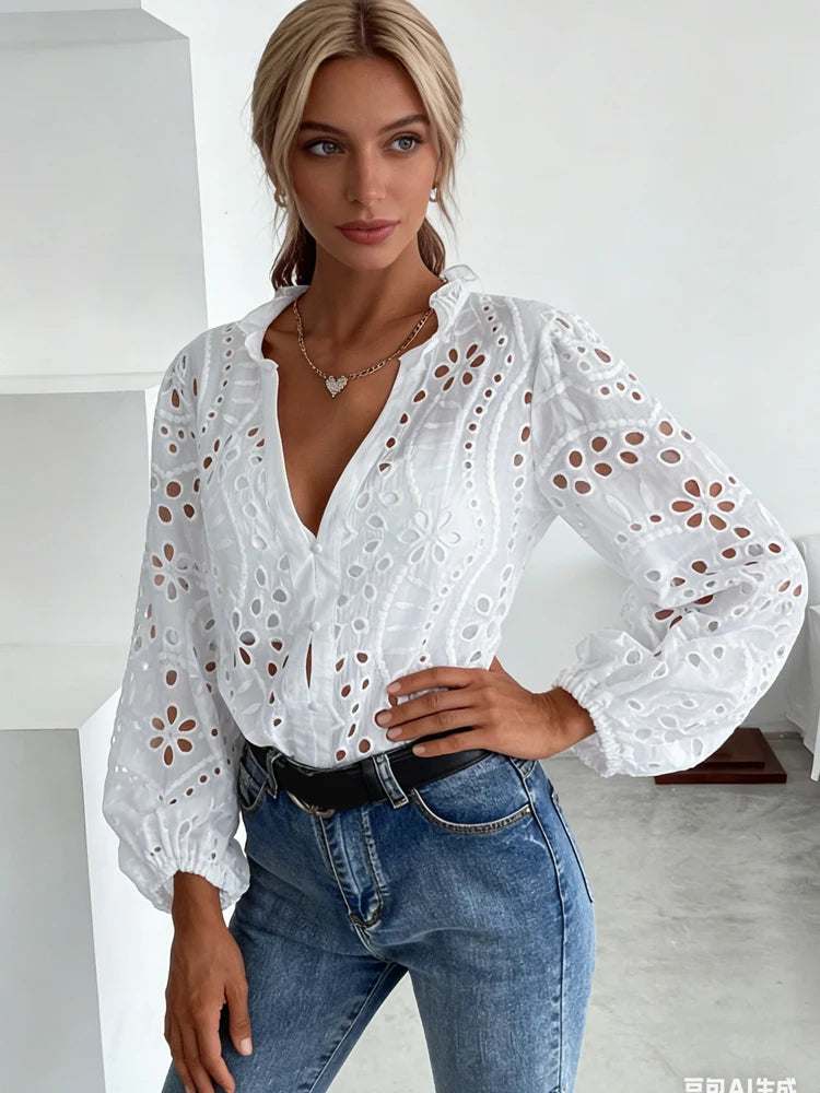New Loose Elegant V Neck Hollow Out Lace Shirt Long Sleeve Fashion Women Office Sweet Blouse Casual Ruffle Solid Color Top