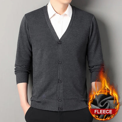 Mens Autumn Clothes Fleece Cardigan Jacket Knitted Sweater Outwear V-neck Fashion Cardigans Warm Men's Top