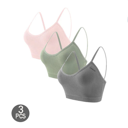 3PCS Women's Ribbed Cotton Bra With Chest Cushion Beautiful Back Sling Tank Top for Yoga Girl's Shock-absorbing Sports Underwear