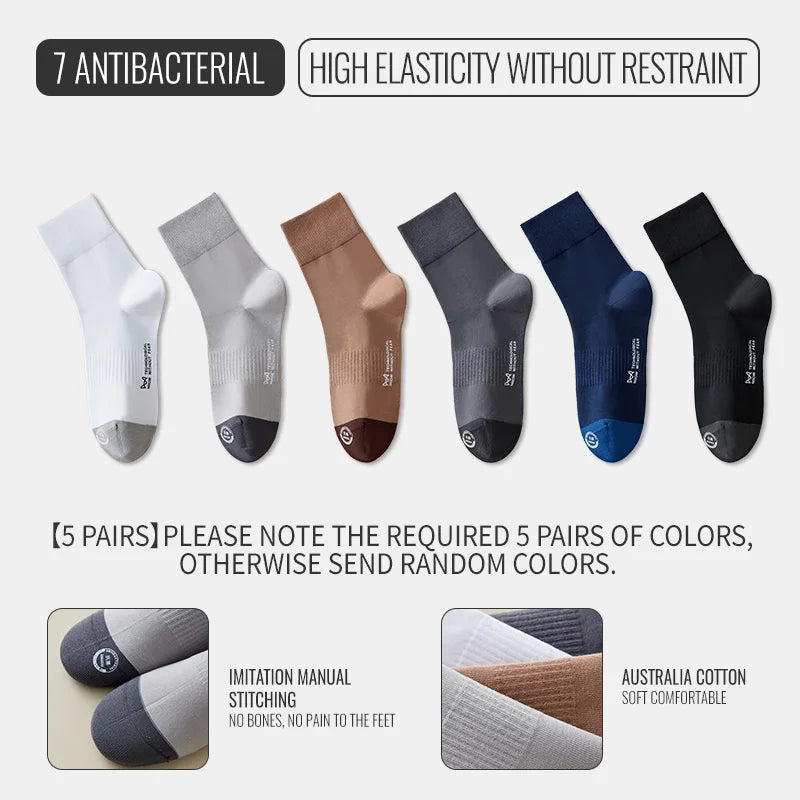 MiiOW Australian Cotton Socks Men Business Dress Black White Long Sock Antibacterial Anti Odor Crew Socks Breathable Sport Sock