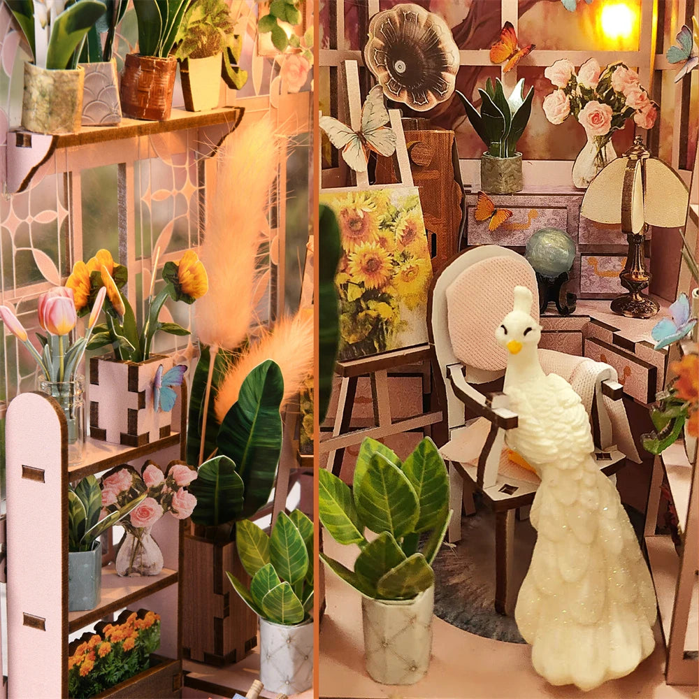 Book Nook Kit Greenhouse Sunlight Room Dollhouse Booknook 3D Wooden Puzzle Miniature Doll House For Bookshelf Insert Furniture