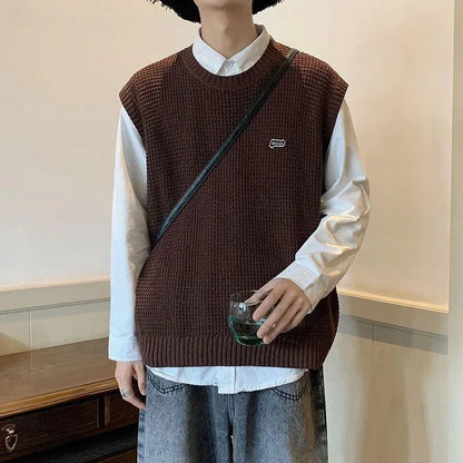 Knitted Sweaters for Men Hippie Black Vest Crewneck Man Clothes Waistcoat Round Collar Sleeveless Warm New in S Over Fit Knit X