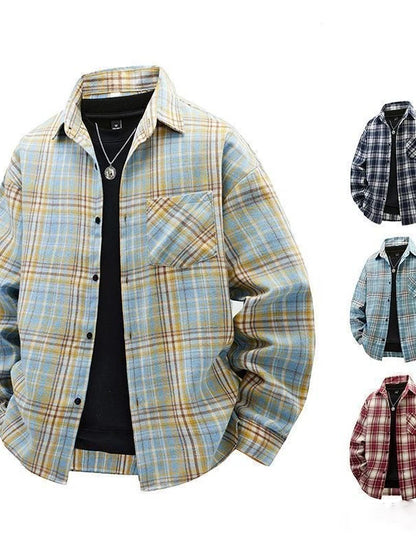 Japanese Style Plaid Long Sleeve Cotton Shirt Men's Retro Autumn Spring Outerwear Casual Loose Fit Print Shirt for Youth