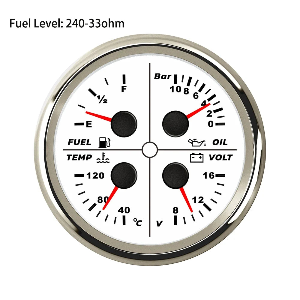ELING Waterproof Auto Marine 85mm 4 in 1 Gauge Oil Pressure Water Temp Fuel Level Voltmeter for Motorcycle 8-16V