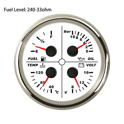 ELING Waterproof Auto Marine 85mm 4 in 1 Gauge Oil Pressure Water Temp Fuel Level Voltmeter for Motorcycle 8-16V