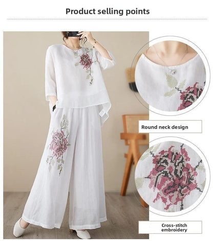 plus Size Women's Retro Cotton Linen Set Wide Leg Pants Slimming Mom Two Piece Suit Spring Fashion Korean Style Commute Wear