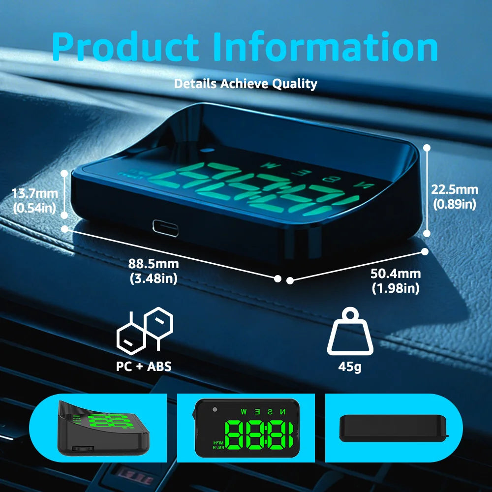 KWHUD Head-up Display Car HUD GPS Speedometer with Time Compass Display, Over-speed Alarm KM/H & MPH Car Electronics Accessories
