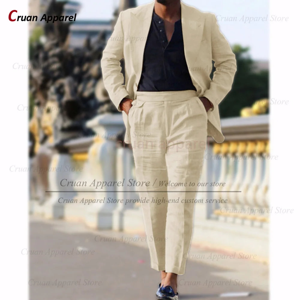 Classic Summer Linen Suit Sets For Men Smart Casual Blazer And Pants 2 Pieces Formal Evening  Fashion Slim Fit Suit Attire