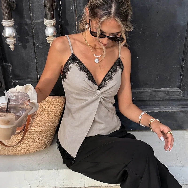 Women's Summer Y2K Lace Trim Cami Top Sexy V Neck Spaghetti Strap Twist Front Backless Camisole Going Out Outfit 2026