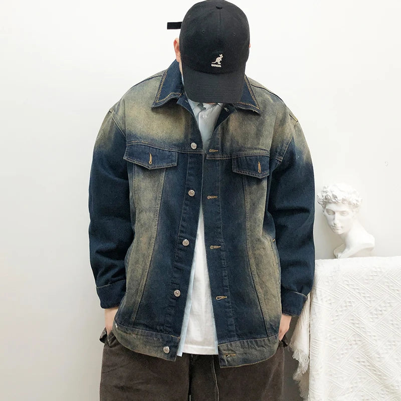 American Vintage Heavyweight Denim Jackets For Men Distressed Washed Fade Korean Streetwear Casual Coat Outerwear High Quality