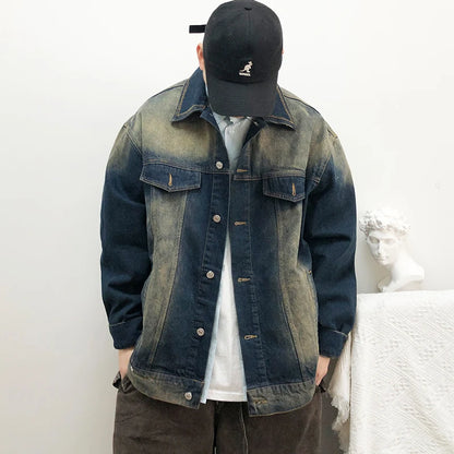 American Vintage Heavyweight Denim Jackets For Men Distressed Washed Fade Korean Streetwear Casual Coat Outerwear High Quality