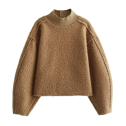 BSAY Women Fashion Autumn Winter 2024 New Loose Solid Color Long Sleeved Stand Collar Pullover Top Chic Female Sweatshirt