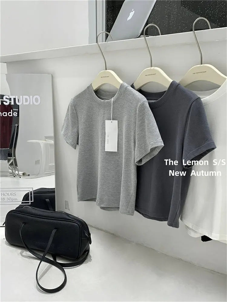 Lemon Women's Loose Short Sleeve T-Shirt Korean Style round Neck Base Shirt Inner Wear Simple Fashion Spring Autumn Top