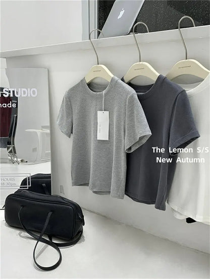 Lemon Women's Loose Short Sleeve T-Shirt Korean Style round Neck Base Shirt Inner Wear Simple Fashion Spring Autumn Top