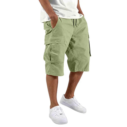 Summer Men Loose Straight Pants Casual Multi-Pocket Shorts Pure Color Fashion Men Shorts Drawstring Daily Cargo Short Pants