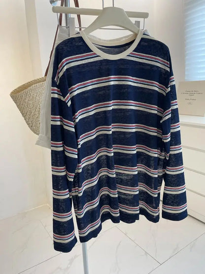 plus Size Women's Striped Long Sleeve T-Shirt Summer New Style Slimming Meat Covering Casual Loose Fit Printed Sweat Wicking