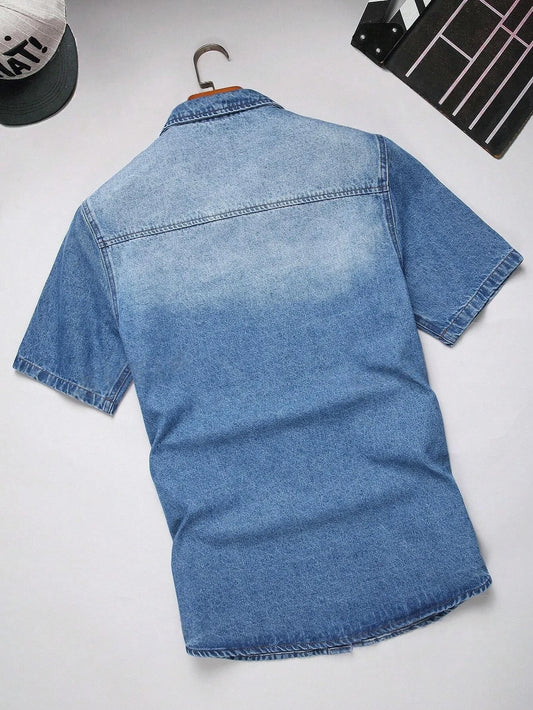 Men's Summer Vintage Denim Short-Sleeve Shirt, Lapel Button Casual Denim Blouse