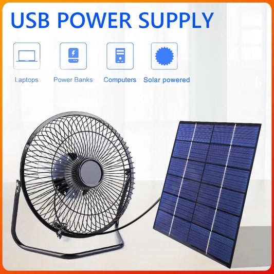 7W 6V Solar Panel with 8in USB Exhaust Fan Portable Pet Poultry Fan Ventilator for Home/Office/Outdoor Travel Camping/Pet House