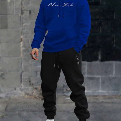 Men's printed hooded sweater and fleece pants set new two-piece winter-spring boyfriend sweatshirt and drawstring casual pants
