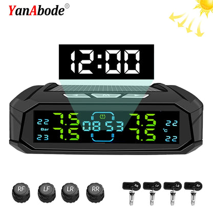 TPMS Car Tire Pressure Monitor System 4 Sensors Solar & USB Charging Intelligent Tyre Pressure Temperature Alarm Monitor