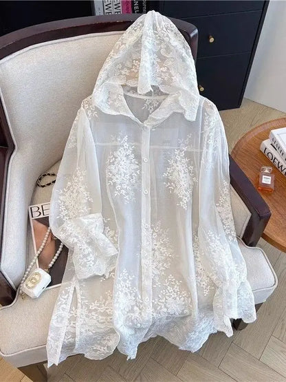 Elegant Thin Lace Hat Shirt Women's Loose Fit Summer 2025 plus Size Slimming Korean Style Long Sleeve Button up