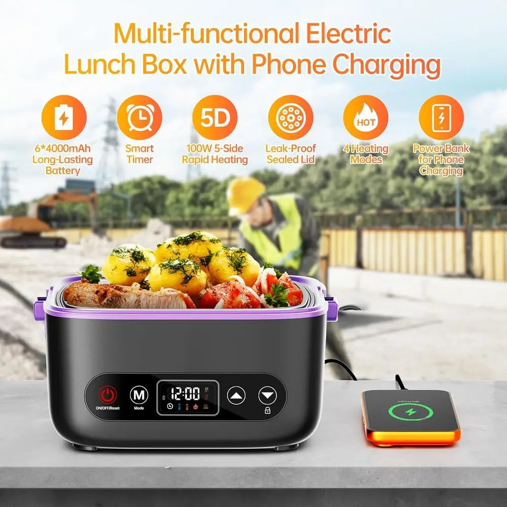 1.2L Electric Lunch Box, 100W 5D Heating, 6x4000mAh Battery, Dual Insulated Bag, Portable Food Warmer, 220° Max, BPA-Free
