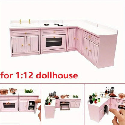 Playdoll House Miniature Furniture Kitchen Set with Wooden Pink Cabinet and Sink
