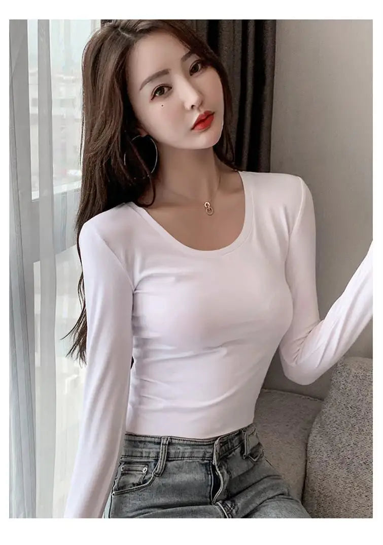 Women's Slim Fit Long Sleeve round Neck T-Shirt Base Layer Shirt Inner And Outer Wear Autumn Style Commute Korean Version