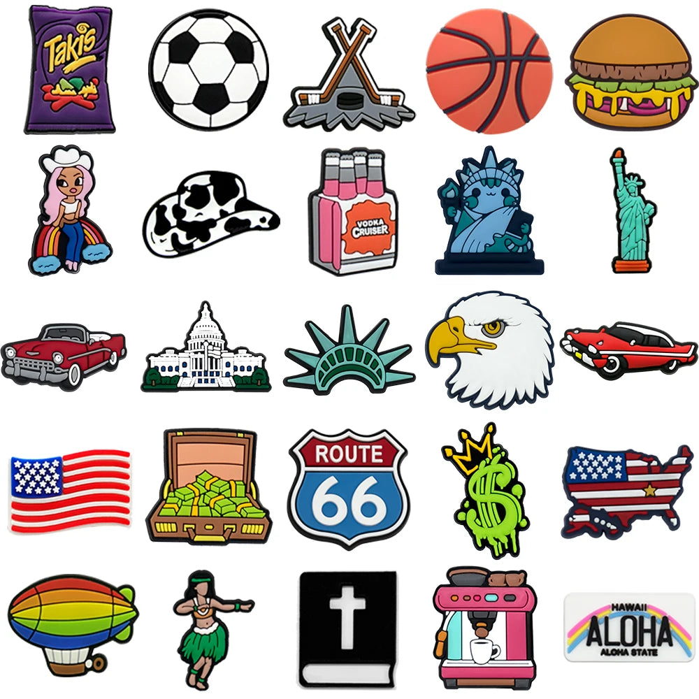 1/25PCS American Culture & Sports Theme Shoe Charms DIY Decorative Pins Eagle Statue of Liberty Clogs Accessories Shoe Buckles