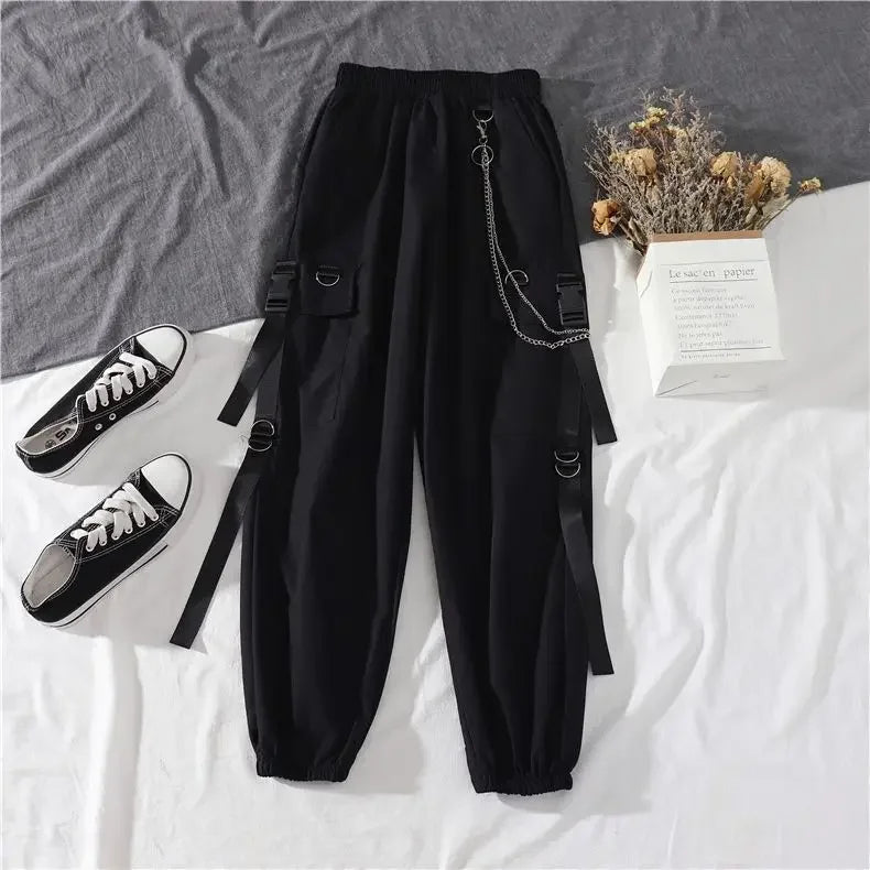 Casual Cargo Pants Suit for Women, Spring Streetwear High-Waist Straight Ribbon Pants with Short-Sleeved Shirt Two-piece Set
