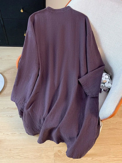 New Chinese Style Cotton Linen Women's Shirt Long Sleeve Button up Stand Collar Loose Fit Commute Fashion Mid-Length Coat