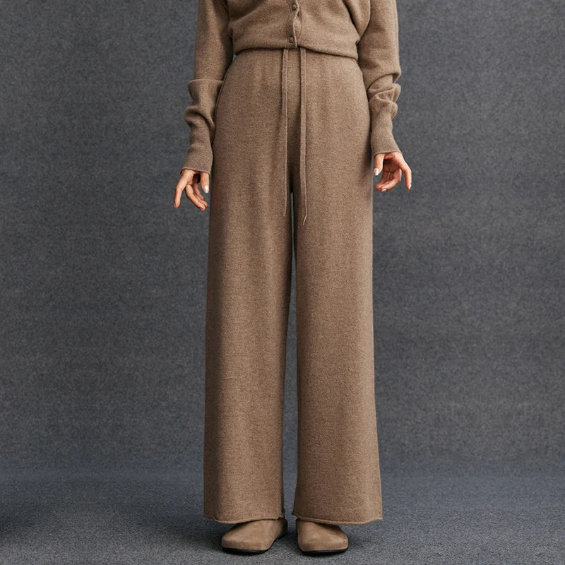Ladies 100% Cashmere Knitted Wide Leg Pants Casual Solid Color Loose Fit Elastic Waist Floor-Length Poc Matching Pants