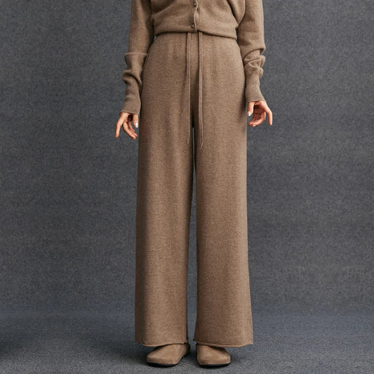 Ladies 100% Cashmere Knitted Wide Leg Pants Casual Solid Color Loose Fit Elastic Waist Floor-Length Poc Matching Pants