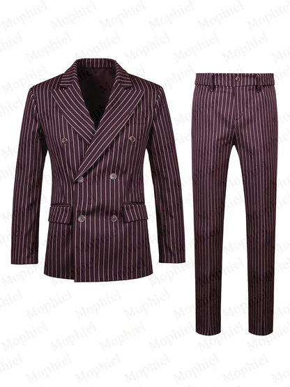 Burgundy Pinstripe Men Suits 3 Pieces Peaked Lapel Double Breasted Slim Fit Groom Suit Tuxedo Office Business Blazer Customized