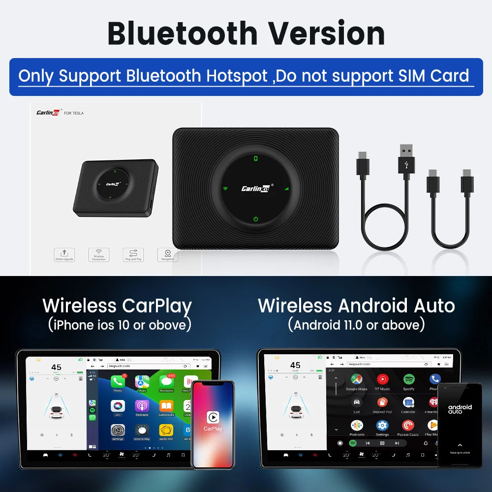 CarlinKit USB Adapter Wireless Android Auto CarPlay 2-In-1 Smart Box For Tesla Model 3 Model Y 2.4G&5Ghz WiFi BLE Auto Connect