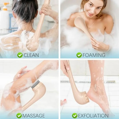 Electric Body Brush, Waterproof Back Scrubber for Shower with Long Handle and 3 Heads, Rechargeable Exfoliating Brush for Body