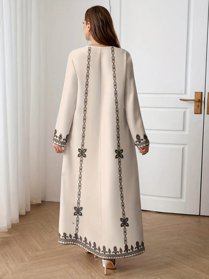 Middle Eastern Elegant Robe, New Spring and Autumn Style, Plus-Size Fashion Women's Clothing, Ethnic Print, Stylish, Loose and Comfortable, Holiday Style Long-Sleeve Dress