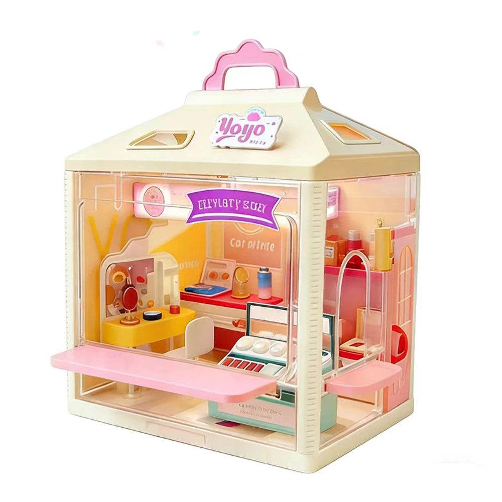 Micro Model Mini Dollhouse Playset with Light, Portable Grill Shop & Beauty Store Pretend Play Toy for Kids, Ideal Birthday Chri