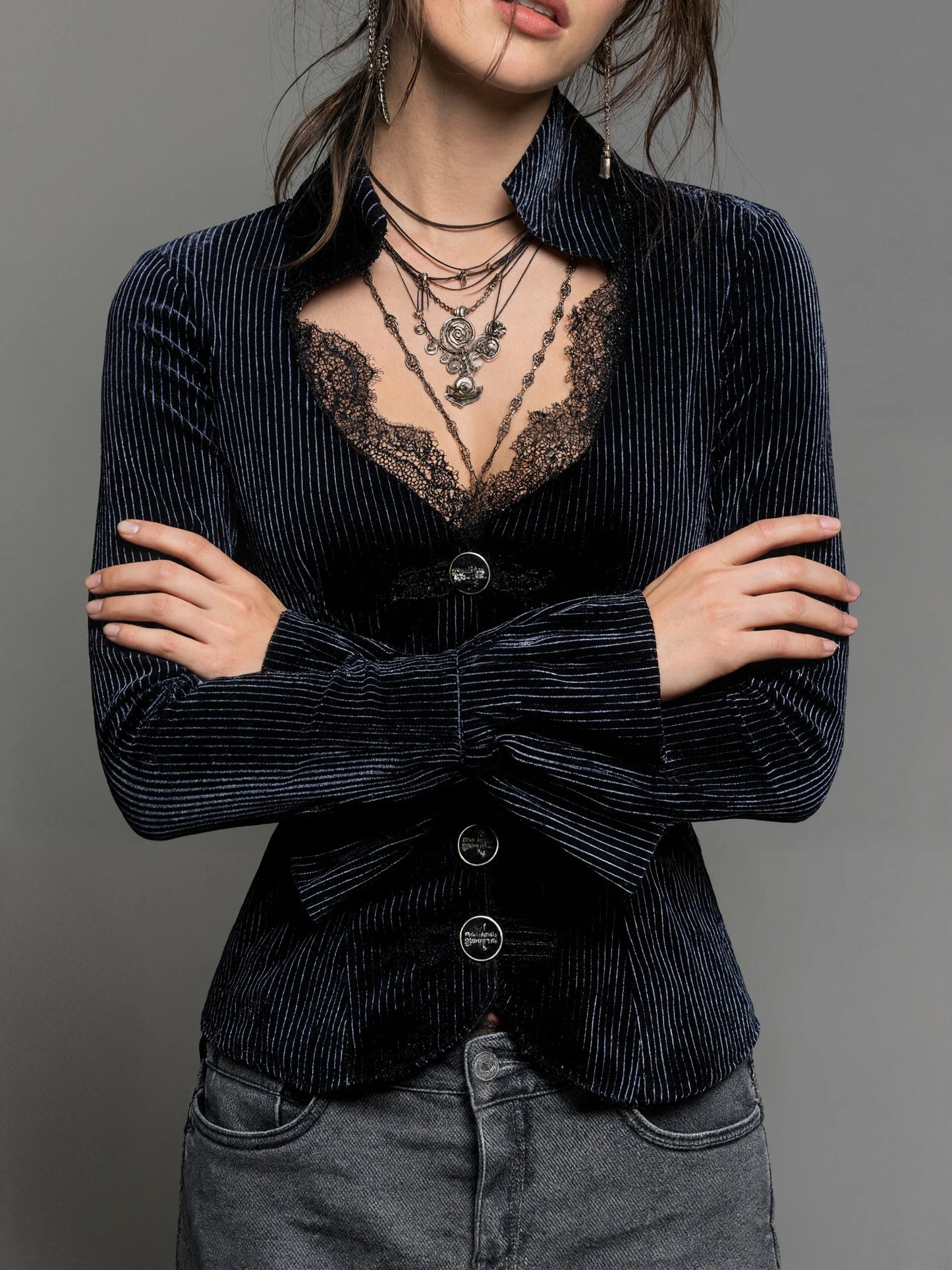 Women's Gothic Elegant Striped Blouse Lace Trim Sexy V Neck Long Bell Sleeve Button Front Shirt Vintage Punk Party Tops 2025
