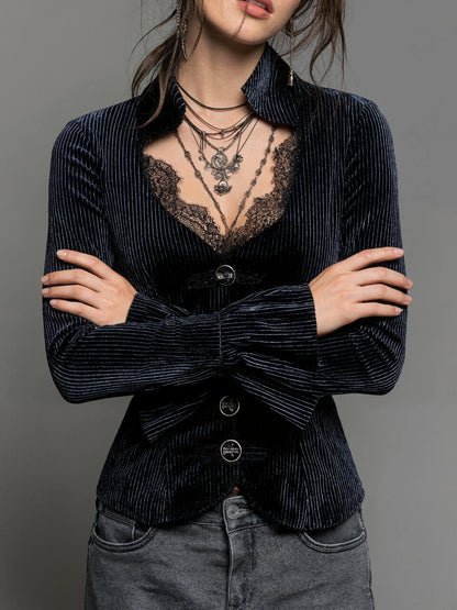 Women's Gothic Elegant Striped Blouse Lace Trim Sexy V Neck Long Bell Sleeve Button Front Shirt Vintage Punk Party Tops 2025