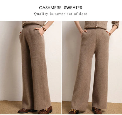 Women's 100% Cashmere Wide Leg Pants Knitted Thick Autumn/Winter Casual Solid Color Elastic Waistband Pockets