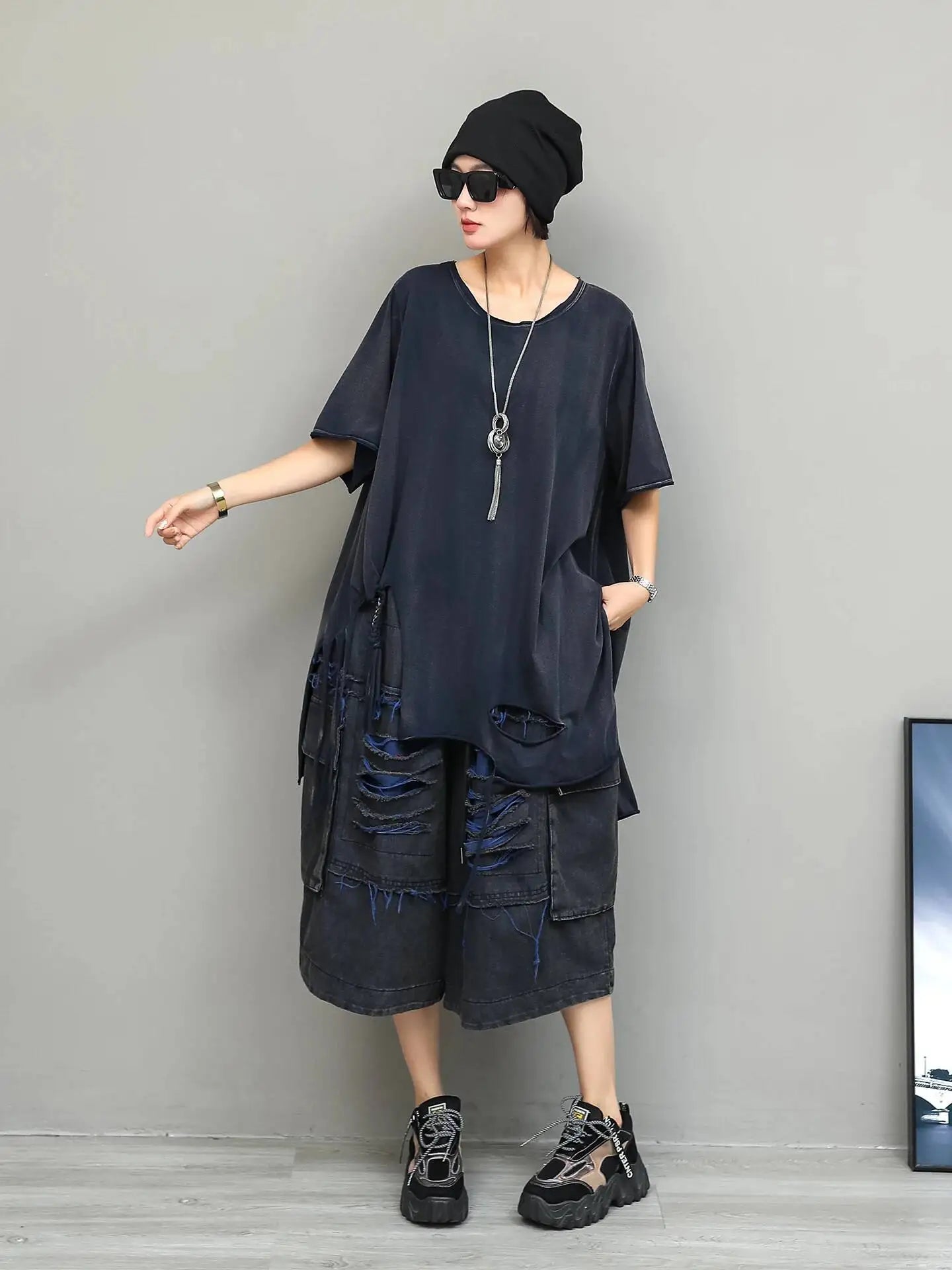 Trendy Cool Fashion Top Women Distressed Asymmetrical Mid-length T-shirt Loose LX5861