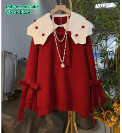 Large Size Women Three-dimensional Bow Sweet Peter Pan Collar Knitted Top Fashion New Red Versatile Long Sleeve Loose Sweater